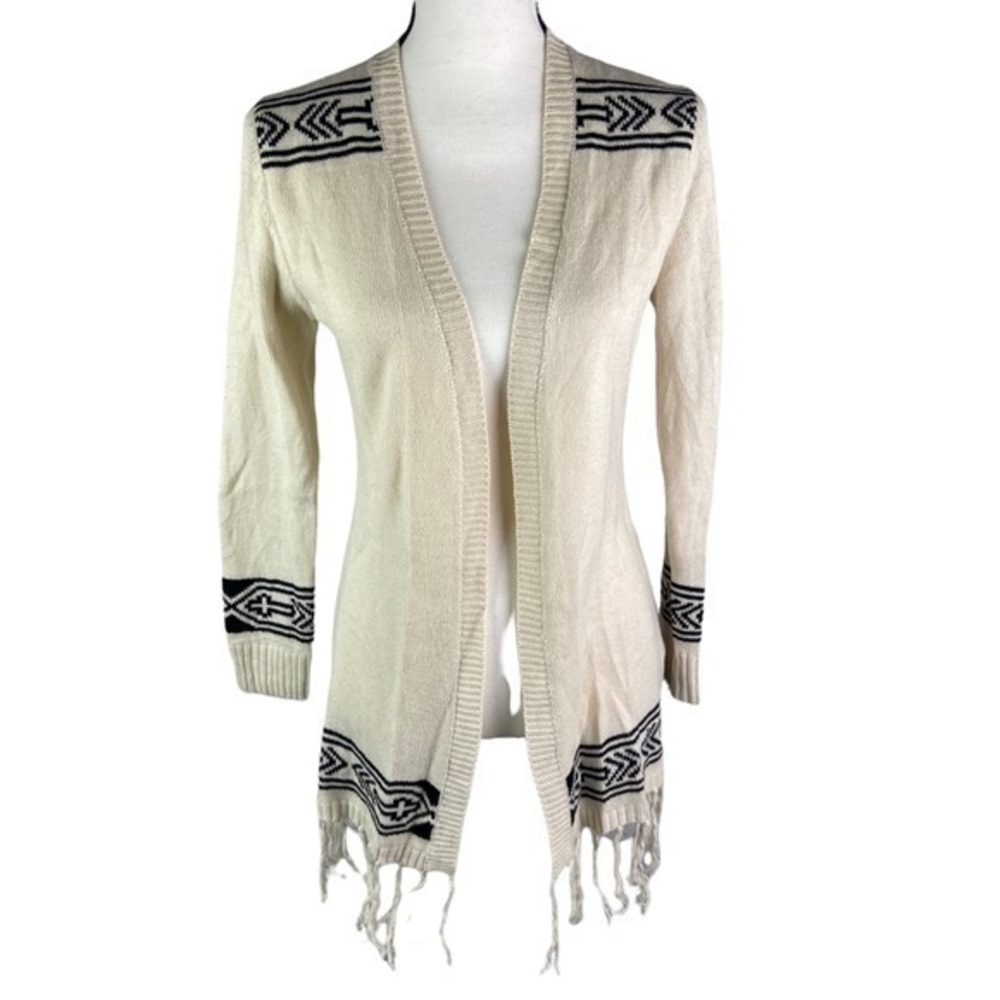 LIRA Womens Cardigan Cream and Black Southwestern Knit Open Tassel Sweater Sz S